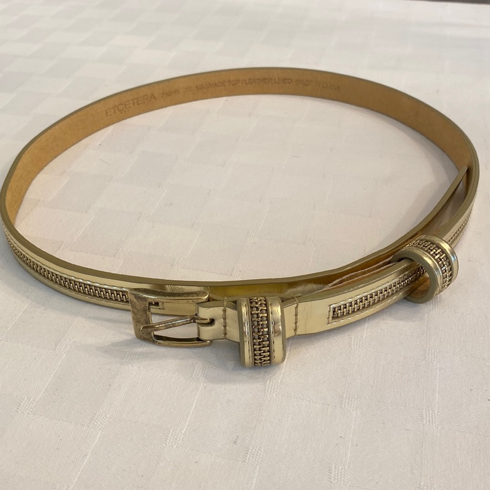 Etcetera Vintage Gold Metallic Leather Skinny Statement Belt Zipper Detail XS